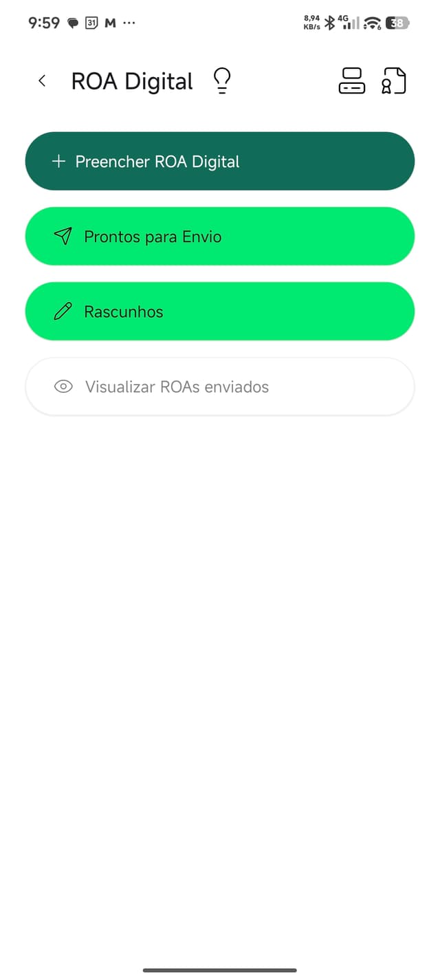 Menu principal do app ROA Digital