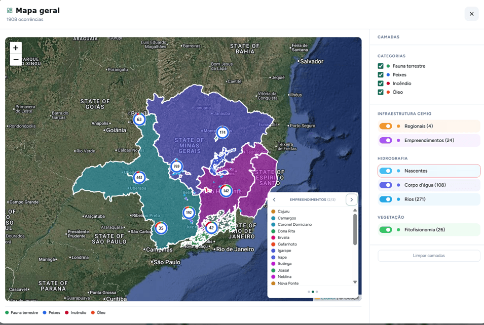 Mapa georreferenciado da plataforma ROA Digital